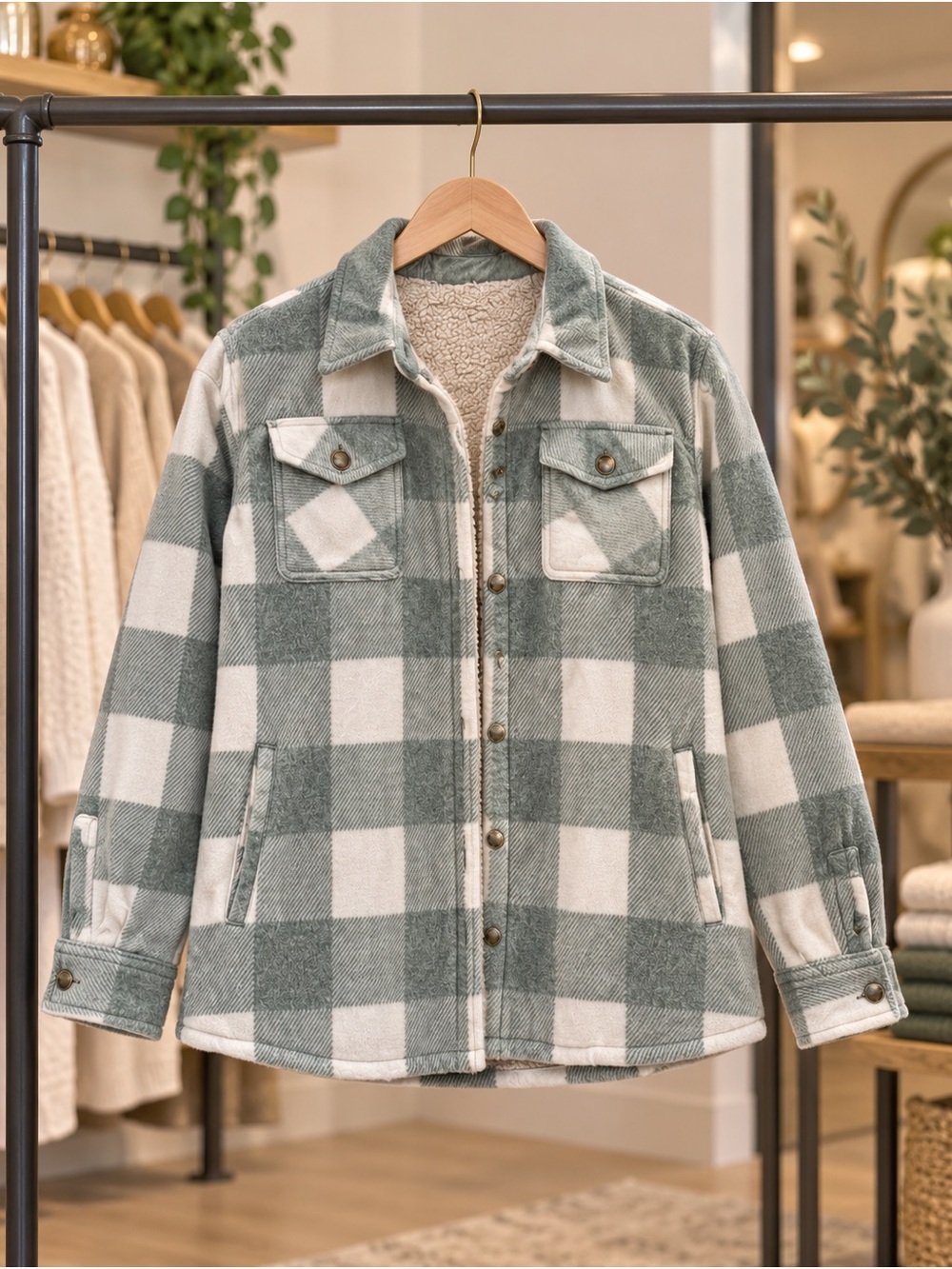 Plaid Teddy-Lined Shacket Jacket - Sage/White